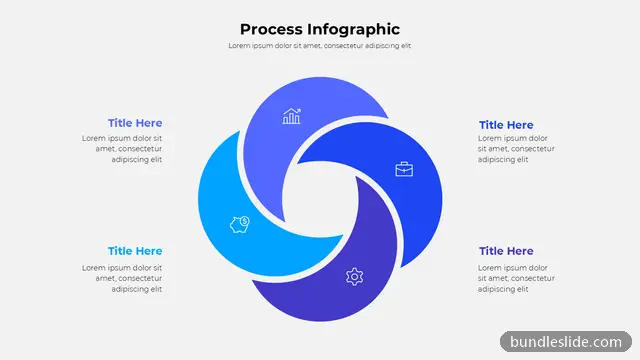 4 Stage Cycle PPT template with 4 items in blue, pinwheel diagram, 4-step process - editable PowerPoint slide