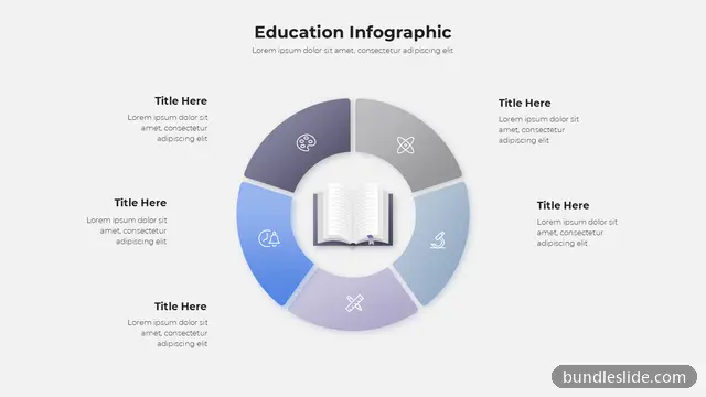 5 Stage Cycle PPT template with 5 items in purple, education infographic, circular diagram - editable PowerPoint slide