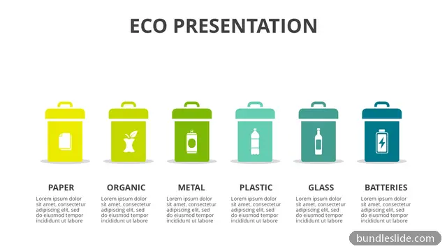 Environment & Ecology PPT template with 6 items in yellow, recycling, waste sorting - editable PowerPoint slide