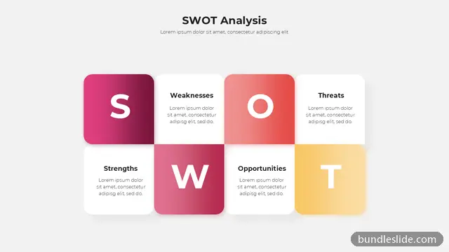 SWOT Analysis PPT template with 4 items in pink, SWOT, strengths - editable PowerPoint slide