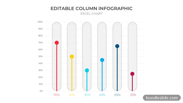 Bar Chart PPT template with 6 items in red, column chart, percentage comparison - editable PowerPoint slide