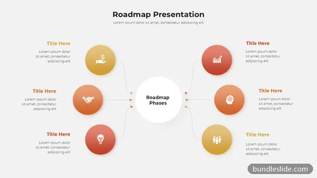 6 Step Roadmap PPT template with 6 items in orange, roadmap phases, central hub - editable PowerPoint slide