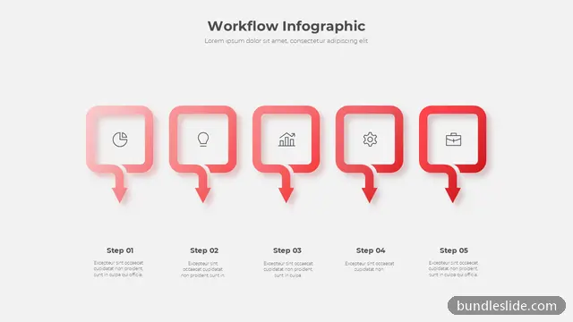 Flowchart PPT template with 5 items in red, workflow, 5 steps - editable PowerPoint slide