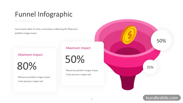 Funnel PPT template with 3 items in pink, funnel diagram, conversion rate - editable PowerPoint slide