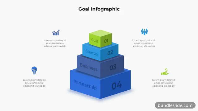 Pyramid PPT template with 4 items in blue, goal infographic, 3D pyramid - editable PowerPoint slide