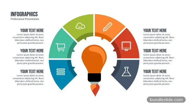 6 Step Process PPT template with 6 items in orange, lightbulb, idea - editable PowerPoint slide