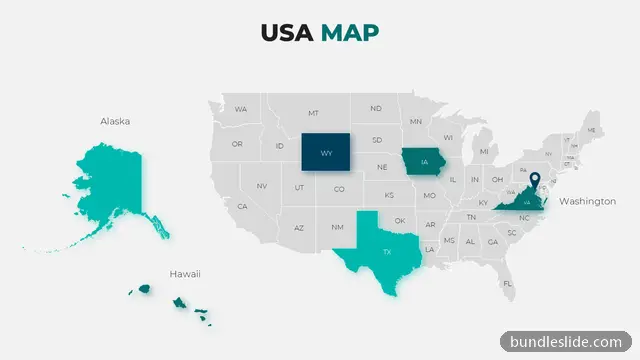 Real Estate PPT template with 5 items in teal, USA map, United States - editable PowerPoint slide