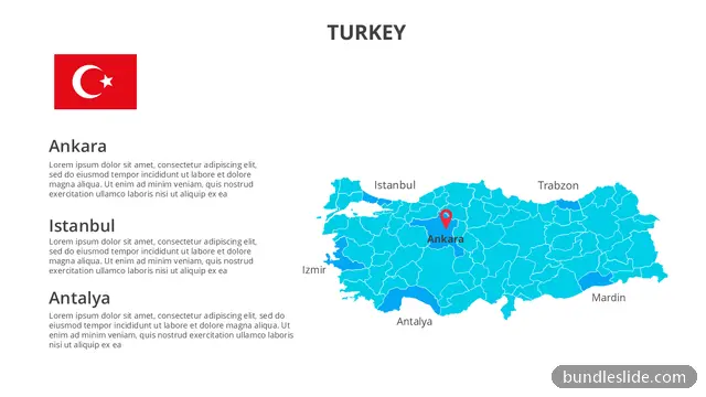 Real Estate PPT template with 3 items in cyan, Turkey map, geography - editable PowerPoint slide