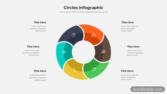 6 Step Process PPT template with 6 items in navy, circle segments, pie wheel - editable PowerPoint slide