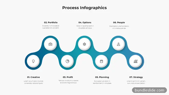7 Step Process PPT template with 7 items in teal, 7 steps, wavy connector - editable PowerPoint slide