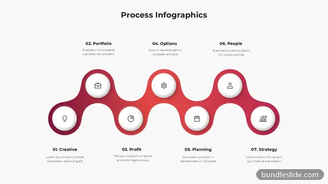 7 Step Process PPT template with 7 items in red, 7-step process, wavy connected circles - editable PowerPoint slide