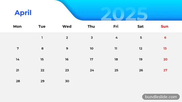 Calendar PPT template with 30 items in blue, calendar, April 2025 - editable PowerPoint slide