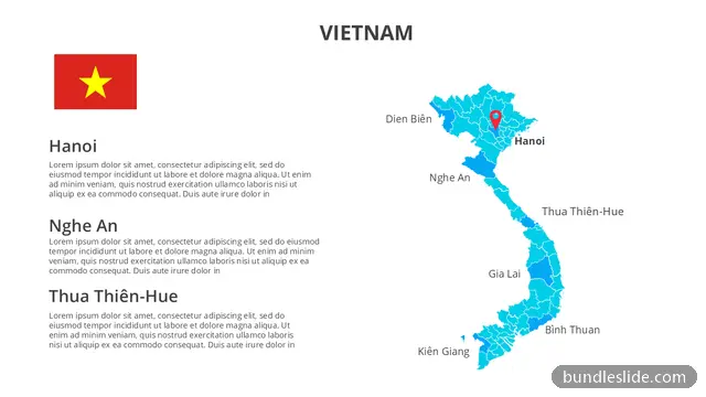 Real Estate PPT template with 6 items in blue, Vietnam map, Asia map - editable PowerPoint slide
