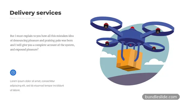 Retail PPT template in navy blue, delivery services, drone illustration - editable PowerPoint slide
