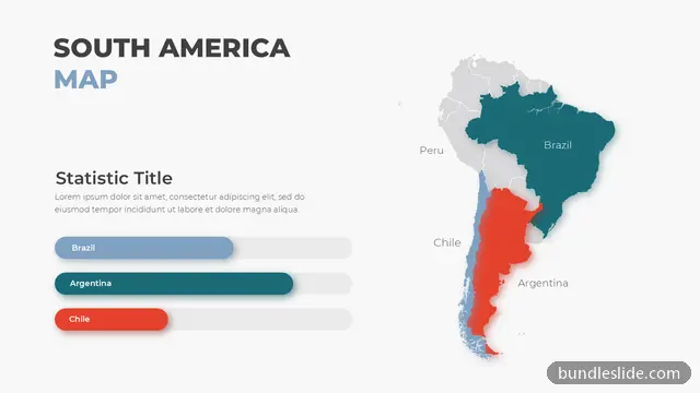 Bar Chart PPT template with 3 items in teal, South America map, country comparison - editable PowerPoint slide