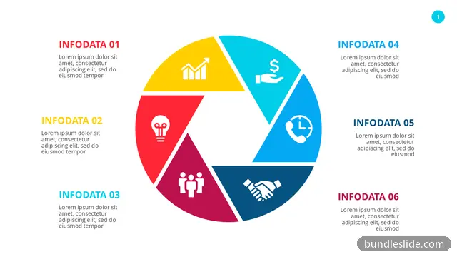 6 Stage Cycle PPT template with 6 items in red, circular diagram, pinwheel - editable PowerPoint slide