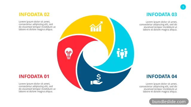 4 Stage Cycle PPT template with 4 items in red, pinwheel diagram, 4 segments - editable PowerPoint slide