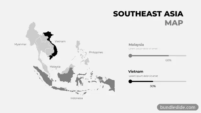 Retail PPT template with 2 items in black, Southeast Asia map, country highlight - editable PowerPoint slide