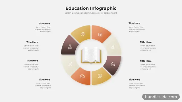 8 Stage Cycle PPT template with 8 items in orange, education infographic, book icon - editable PowerPoint slide