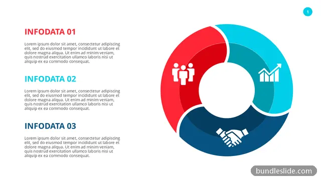3 Stage Cycle PPT template with 3 items in red, donut chart, three segments - editable PowerPoint slide