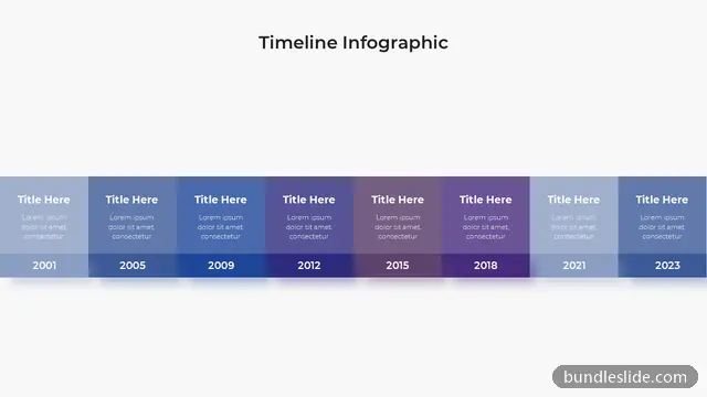8 Step Process PPT template with 8 items in blue, timeline, years - editable PowerPoint slide