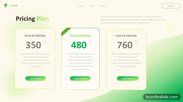 Sustainability PPT template with 3 items in green, pricing plan, pricing table - editable PowerPoint slide