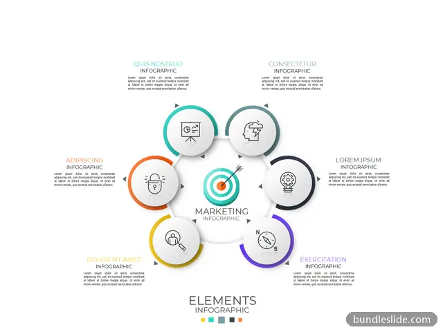 6 Stage Cycle PPT template with 6 items in teal, marketing infographic, circular process - editable PowerPoint slide