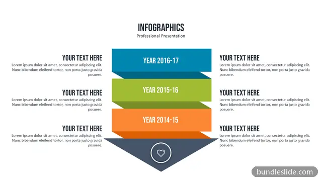 Funnel PPT template with 3 items in blue, funnel diagram, year comparison - editable PowerPoint slide