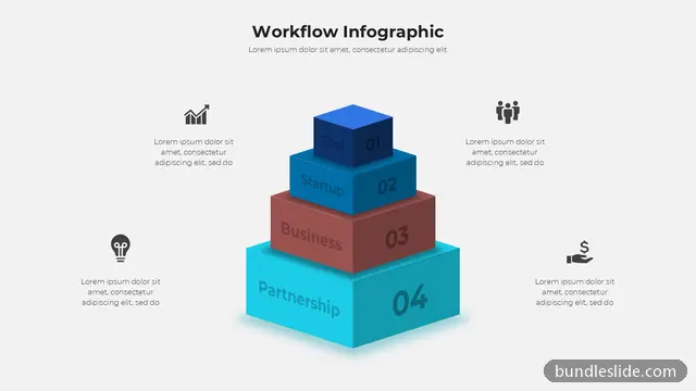 Pyramid PPT template with 4 items in blue, 3D pyramid, workflow - editable PowerPoint slide