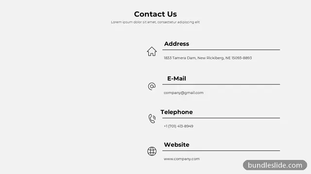 Team & About Us PPT template with 4 items in black, contact us, address - editable PowerPoint slide