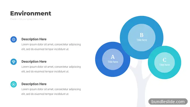 Environment & Ecology PPT template with 3 items in blue, tree graphic, circles - editable PowerPoint slide