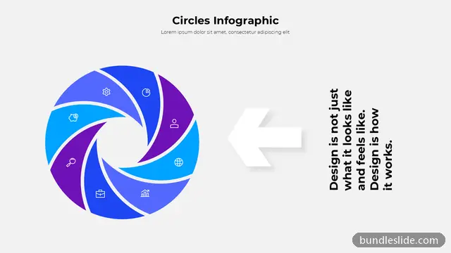 8 Step Process PPT template with 8 items in blue, circular infographic, pinwheel shape - editable PowerPoint slide