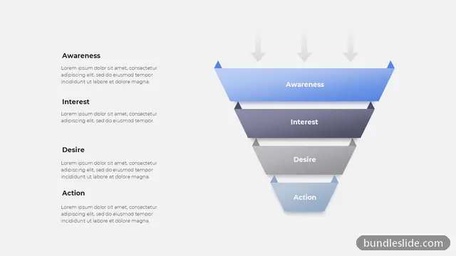 Funnel PPT template with 4 items in blue, AIDA funnel, awareness - editable PowerPoint slide