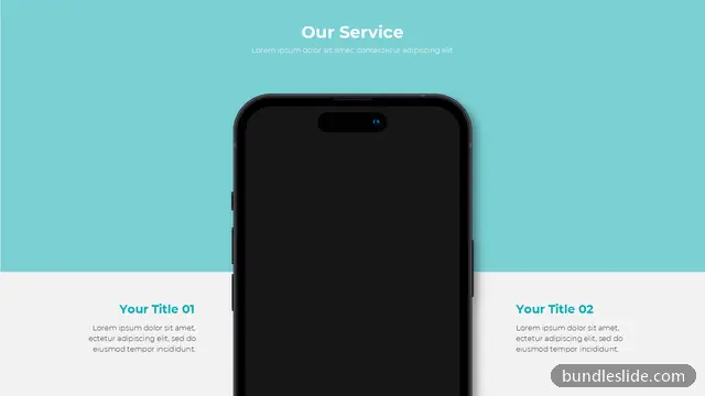 Mockup & Illustration PPT template with 2 items in teal, smartphone mockup, our service - editable PowerPoint slide
