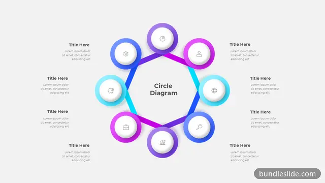 8 Stage Cycle PPT template with 8 items in purple, circle diagram, 8 items - editable PowerPoint slide