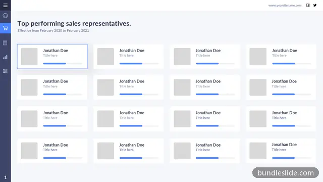 Team & About Us PPT template with 16 items in white, sales representatives, performance ranking - editable PowerPoint slide