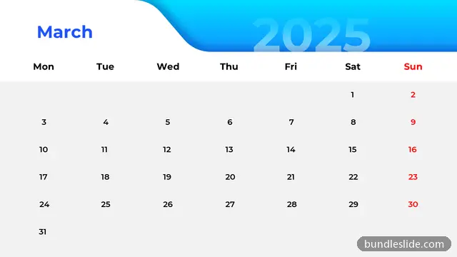 Calendar PPT template with 31 items in blue, calendar, March 2025 - editable PowerPoint slide