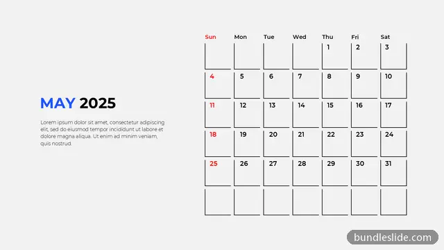 Calendar PPT template with 31 items in white, calendar, May 2025 - editable PowerPoint slide