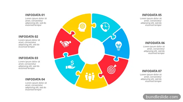 7 Step Process PPT template with 7 items in yellow, puzzle pieces, circular diagram - editable PowerPoint slide