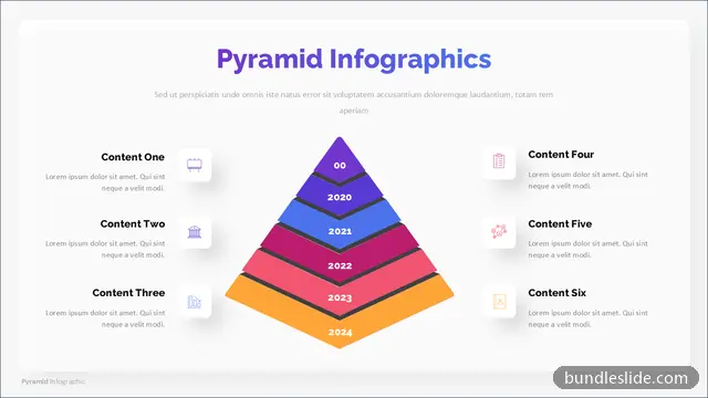 Pyramid PPT template with 6 items in purple, pyramid diagram, layered - editable PowerPoint slide