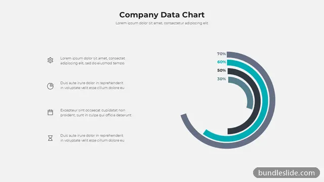 Business Plan PPT template with 4 items in teal, radial chart, percentage rings - editable PowerPoint slide