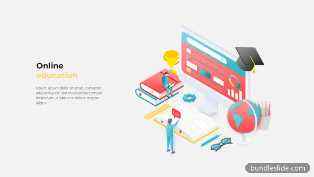 Mockup & Illustration PPT template in red, online education, isometric illustration - editable PowerPoint slide