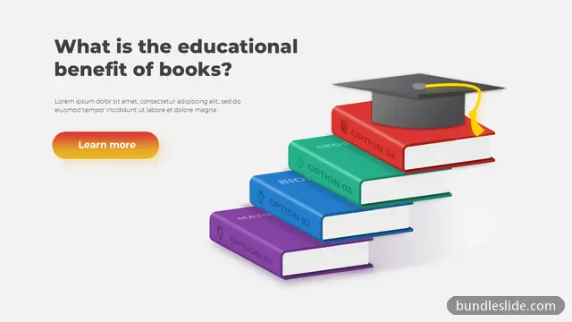 Mockup & Illustration PPT template with 4 items in purple, books, graduation cap - editable PowerPoint slide