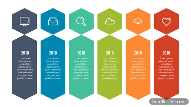 6 Step Timeline PPT template with 6 items in dark blue, hexagon shapes, timeline - editable PowerPoint slide