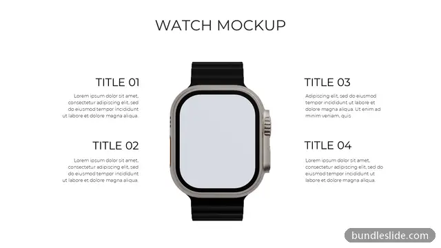 Retail PPT template with 4 items in white, smartwatch mockup, product presentation - editable PowerPoint slide