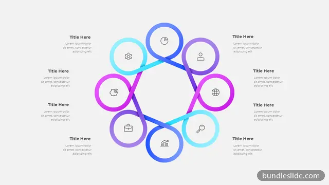8 Stage Cycle PPT template with 8 items in blue, circular flow, interlocking rings - editable PowerPoint slide