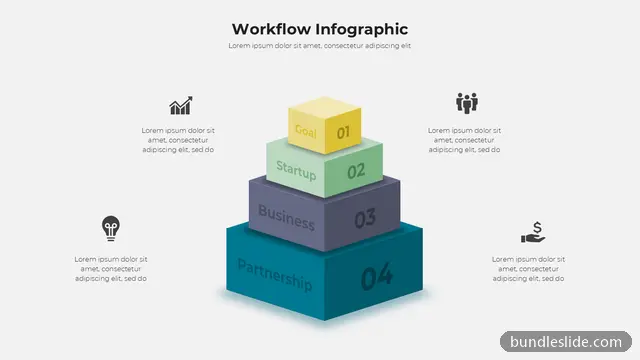 Pyramid PPT template with 4 items in yellow, 3D blocks, pyramid stack - editable PowerPoint slide