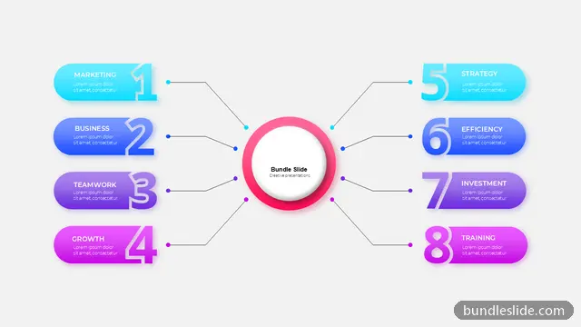 8 Step Process PPT template with 8 items in cyan, 8 points, central circle - editable PowerPoint slide