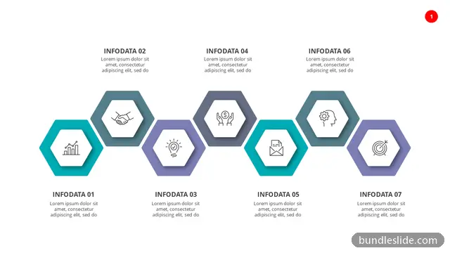 7 Step Process PPT template with 7 items in teal, hexagon icons, 7 steps - editable PowerPoint slide