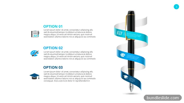 Mockup & Illustration PPT template with 3 items in blue, pen mockup, ribbon wrap - editable PowerPoint slide